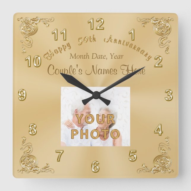 Couple's NAMES, DATE, PHOTO 50th Anniversary CLOCK (Front)