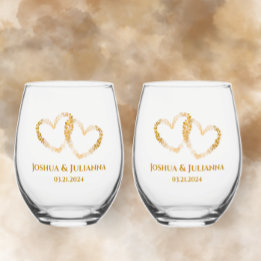 Couples Names Elegant Golden Intertwined Hearts Stemless Wine Glass