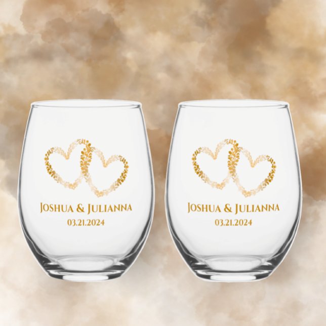 Couples Names Elegant Golden Intertwined Hearts Stemless Wine Glass (Add couple's names and date to original intertwined tan gradient hearts on stemless wine glass.)
