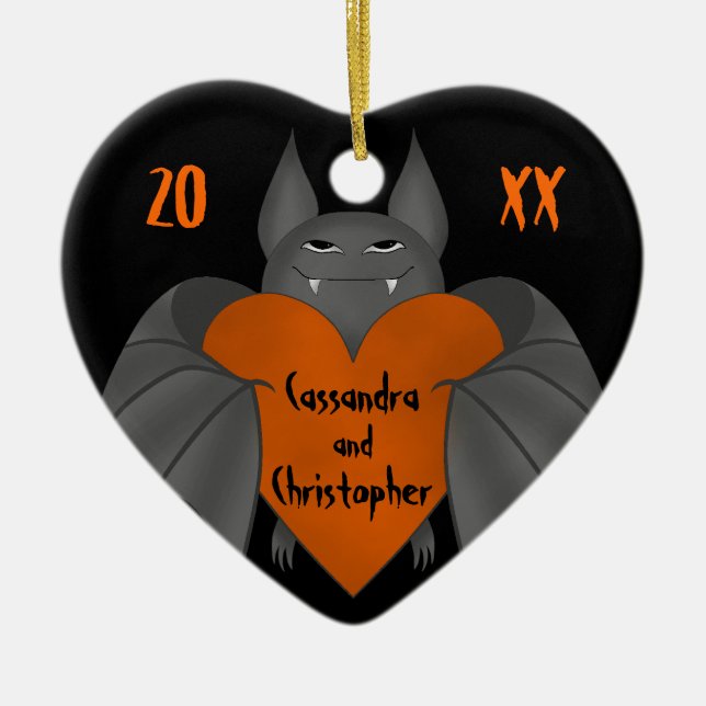 Couples names funny Gothic Halloween bat Ceramic Tree Decoration (Front)