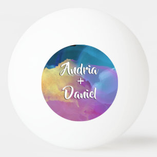 Couple's Names in White Brush Text, Watercolor Art Ping Pong Ball
