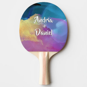 Couple's Names in White Brush Text, Watercolor Art Ping Pong Paddle