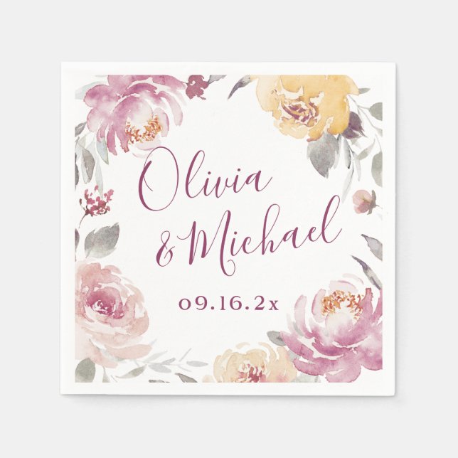 Couples names Romantic garden floral wedding Napkin (Front)