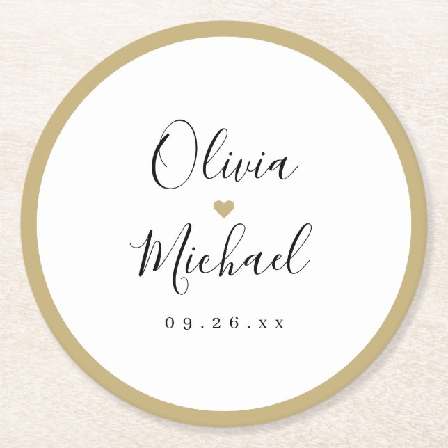 Couple's names simple elegant script wedding round paper coaster (Front)