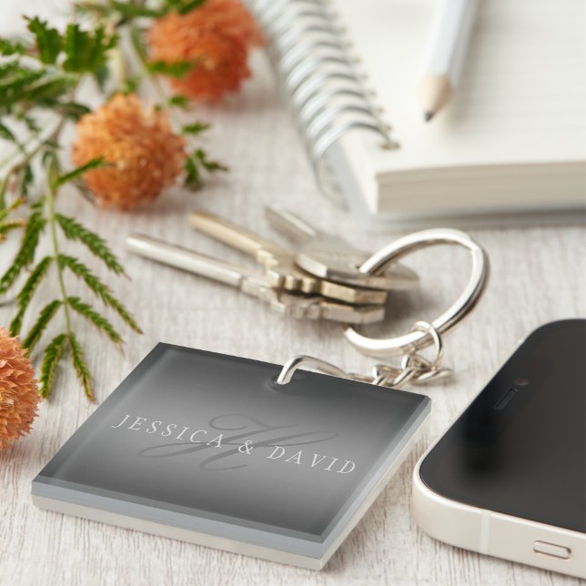 Couples Names & Surname Monogram Gradient Grey Key Ring (Front Right)