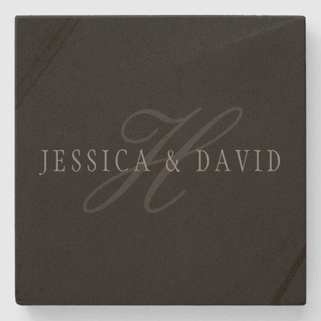 Couples Names & Surname Monogram Stone Coaster (Front)