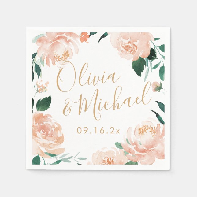 Couples names watercolor peach floral wedding napkin (Front)