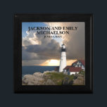 Couple's Names Wedding Date Lighthouse Sunset Gift Box<br><div class="desc">This beautiful Portland Head Lighthouse,  Maine gift box,  personalised for the newlywed couple,  has their names and wedding date on the front.</div>