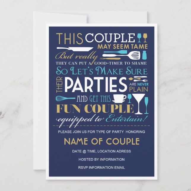 Couples Party Blue and Gold Invitation (Front)