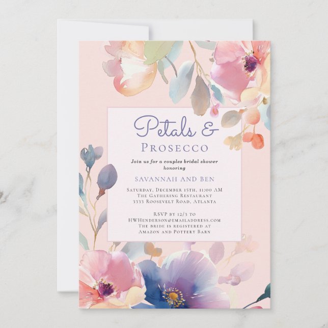 Couples Petals and Prosecco Pink Bridal Shower  Invitation (Front)
