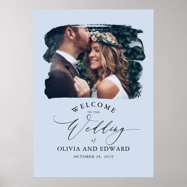 Couples Photo Dusty Blue Wedding Welcome Sign (Front)