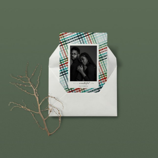 Couple's photo on plaid print holiday card (Creator Uploaded)