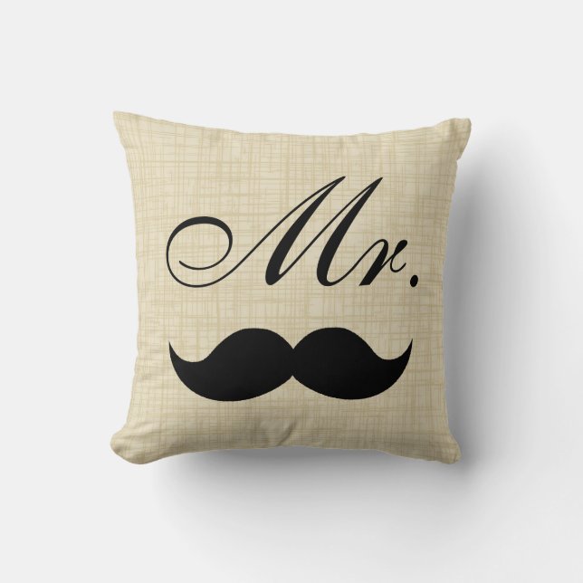Couples' Pillow, Mr w Black Moustache on Parchment Cushion (Front)