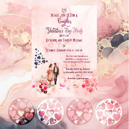 Couples Pink Floral Hearts Valentine's Day Party Invitation