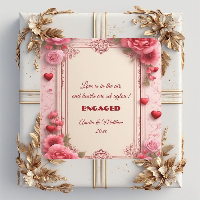 Couple's Romantic Pink Heart Motifs Floral Engaged Square Sticker (Couple's Romantic Pink Heart Motifs Floral Engaged Square Sticker)