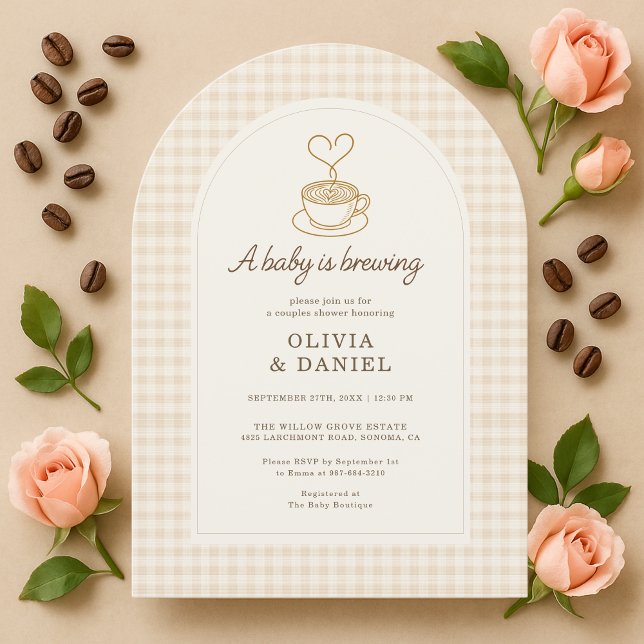 Couples Shower Baby is Brewing Coffee Gingham Invitation (Creator Uploaded)