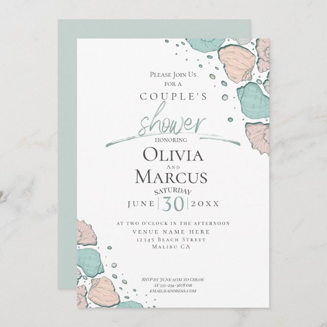 Couple's Shower | Beach Seashells Coral and Teal Invitation (Front/Back)
