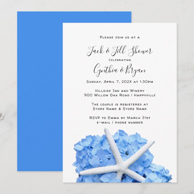 Couples Shower Blue Hydrangea Starfish Invitation (Front/Back)