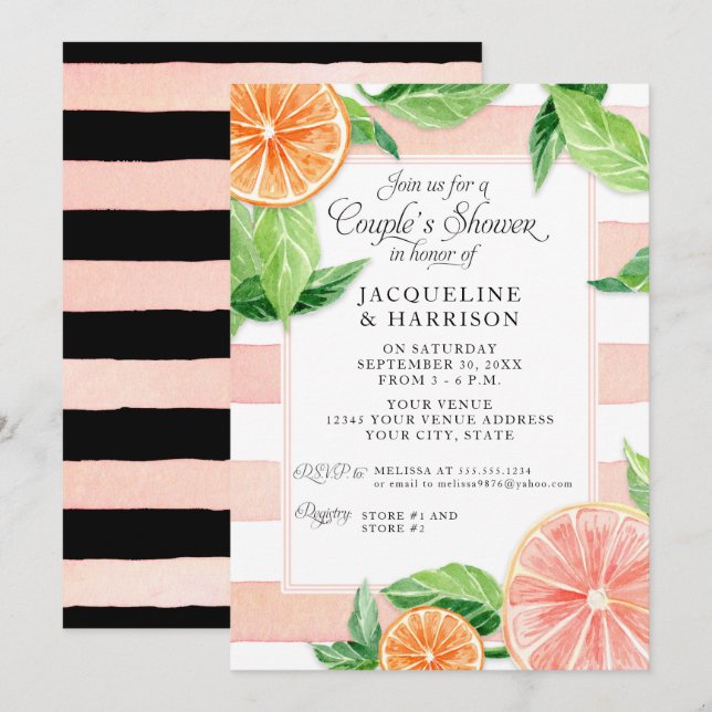 Couples Shower Citrus Pink Black Grapefruit Retro Invitation (Front/Back)
