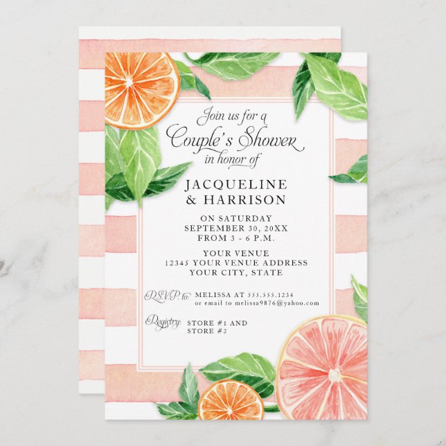 Couples Shower Citrus Pink Grapefruit Watercolor Invitation (Front/Back)