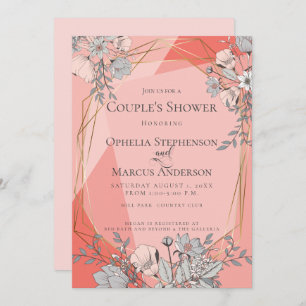 COUPLE'S SHOWER Coral Floral Geometric Gold Frame Invitation