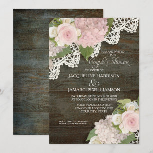 Couples Shower Dark Wood Script Pink Hydrangeas Invitation