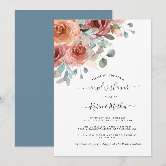 Couples Shower, Dusty Blue,Peach Ethereal Floral Invitation (Front/Back)