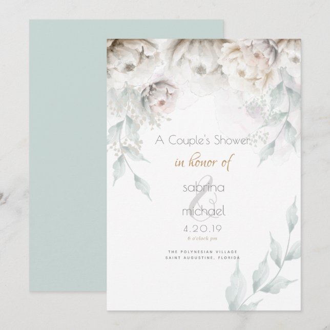 Couple's Shower | Elegant Alabaster White Peonies Invitation (Front/Back)