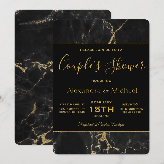 Couple's Shower Elegant Black & Gold Marble Invitation (Front/Back)
