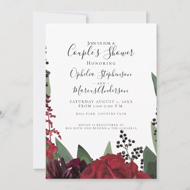 Couple's Shower | Elegant Burgundy Marsala Floral Announcement (Front)