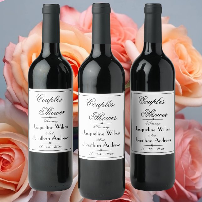 Couples Shower, Elegant Script Names Black & White Wine Label (For a Fabulous Couples Shower - Personalized Names, Simple Elegant Script, Black & White Wine Labels)