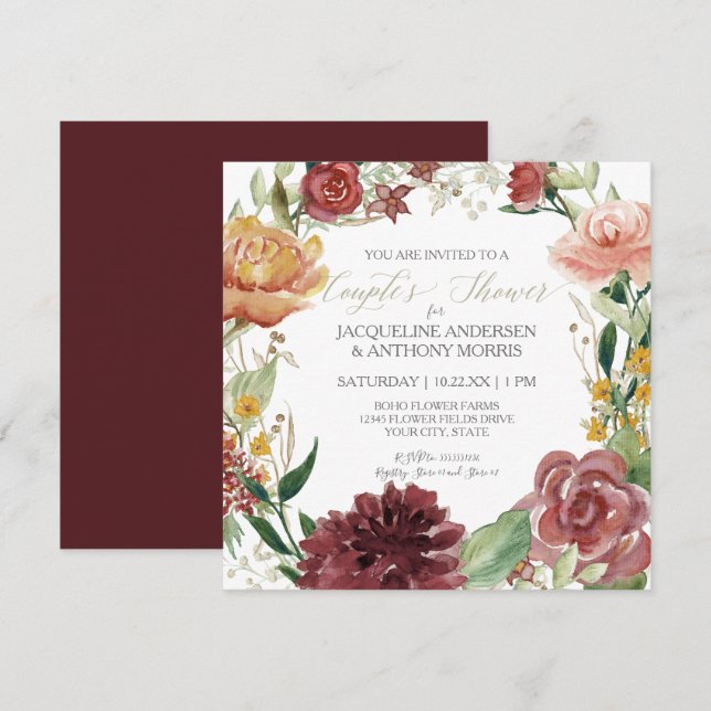 Couples Shower Fall Floral Burgundy Blush Roses Invitation (Front/Back)