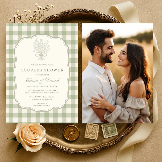 Couples Shower Gingham Floral Bow Photo Invitation (Creator Uploaded)