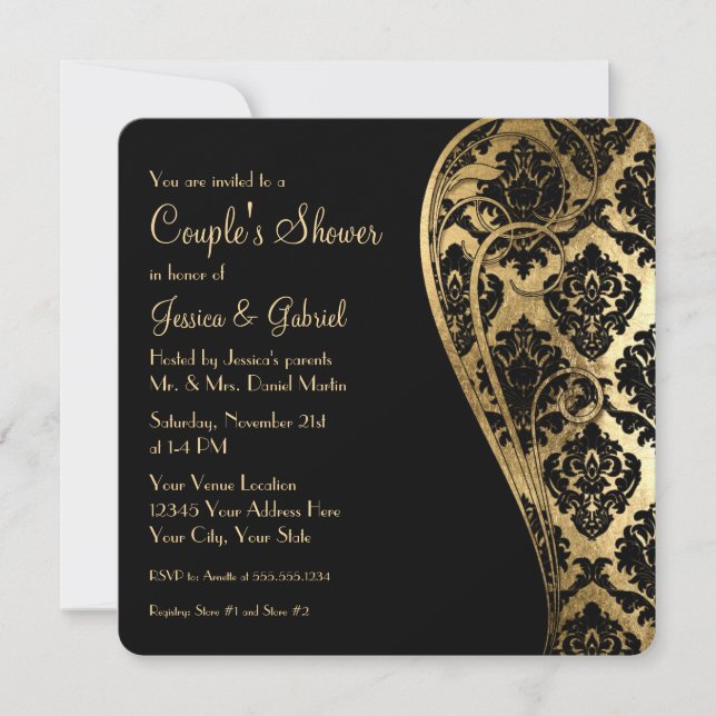 Couples Shower Gold Leaf Look Damask Scroll Invite (Front)