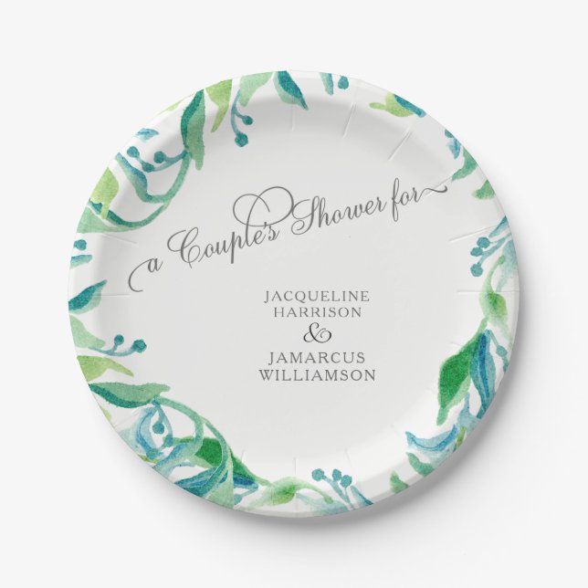 Couples Shower Laurel Leaf Wreath Olive Watercolor Paper Plate (Front)