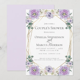 COUPLE'S SHOWER   Lavender Peony Flower Gold Frame Invitation