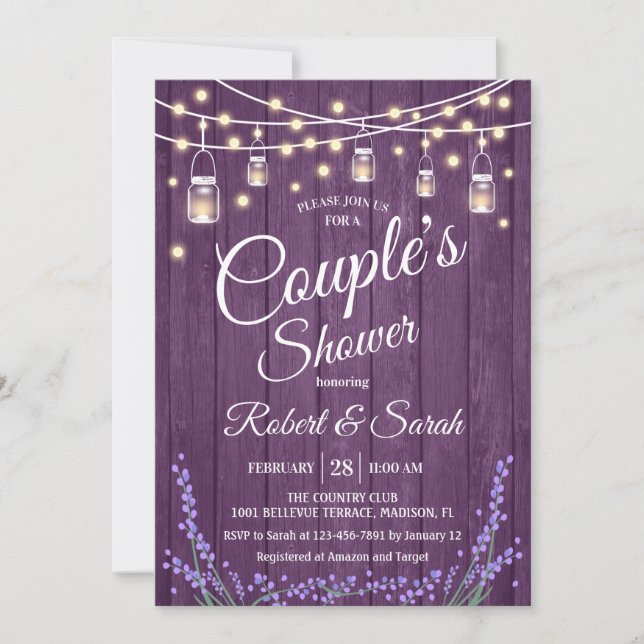 Couple's Shower - Lavender Rustic Wood Invitation (Front)