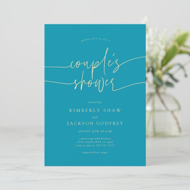 Couple's Shower Minimalist Script Aqua Blue Invitation (Standing Front)