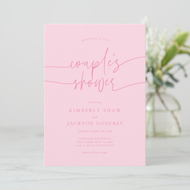 Couple's Shower Minimalist Script Pink Invitation (Standing Front)