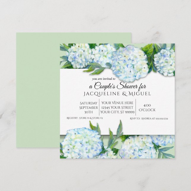 Couples Shower Mint Green n White Hydrangea Floral Invitation (Front/Back)