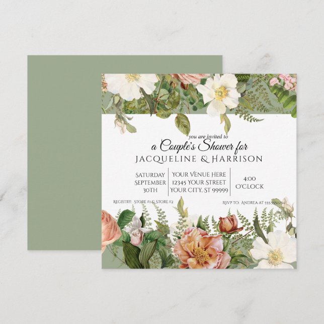 Couples Shower | Mint Sage Green Ivory Rose Floral Invitation (Front/Back)