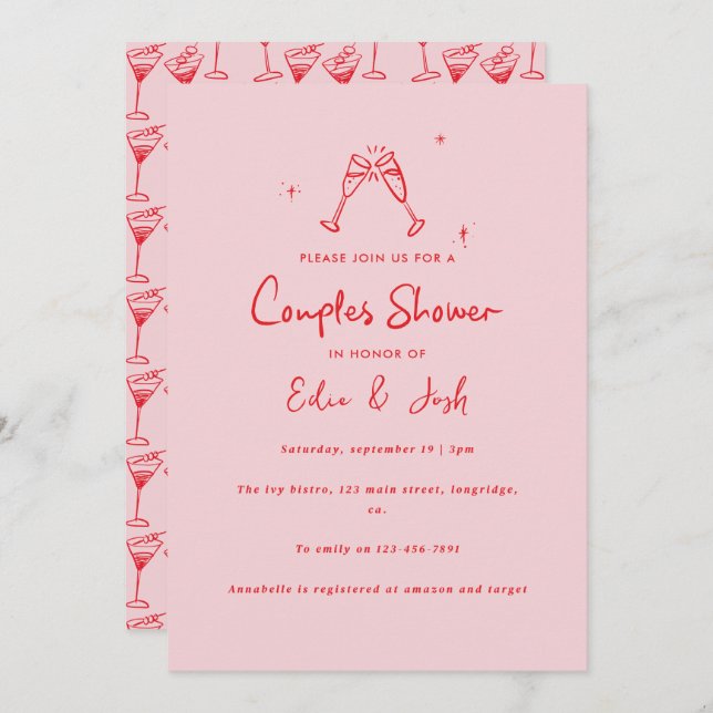 Couples shower modern pink red elegant handwritten invitation (Front/Back)