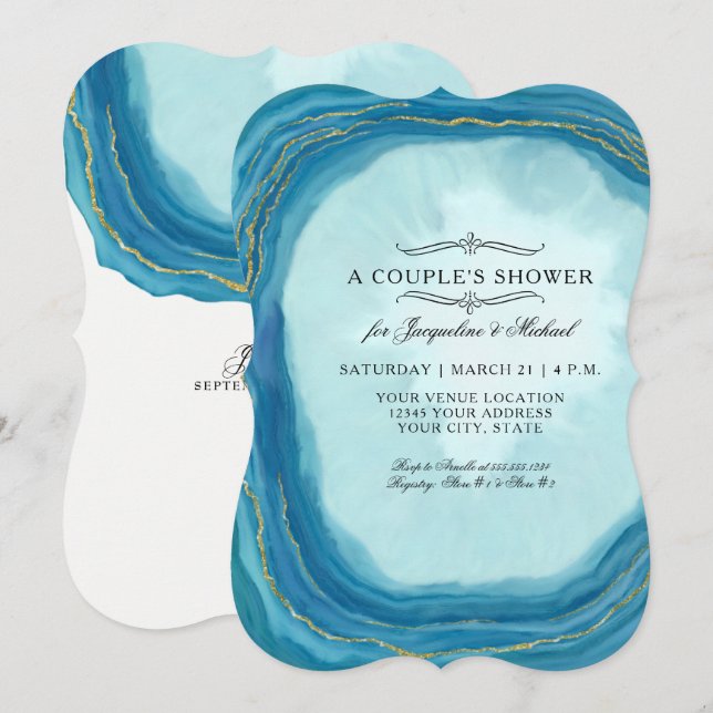 Couples Shower Modern Simple Geode Blue Typography Invitation (Front/Back)