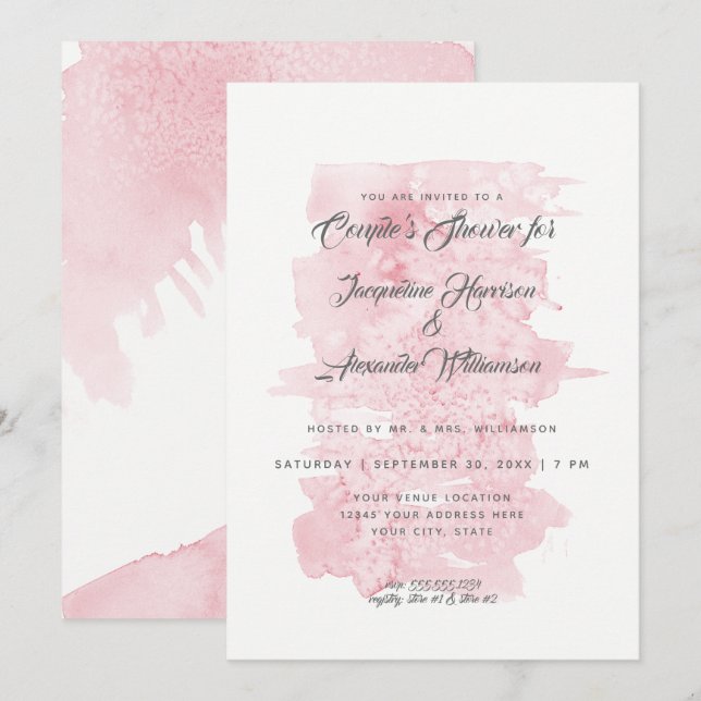 Couples Shower Modern Simple Watercolor Wash Pink Invitation (Front/Back)