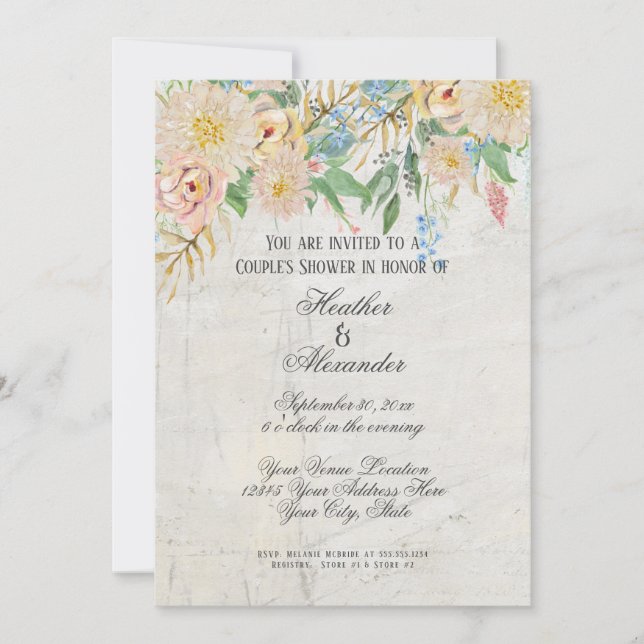 Couples Shower Modern Watercolor Floral Marble Invitation (Front)