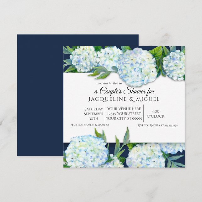 Couples Shower Navy Blue n White Hydrangea Floral Invitation (Front/Back)