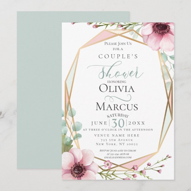 Couple's Shower | Pink Anemones and Foliage Invitation (Front/Back)
