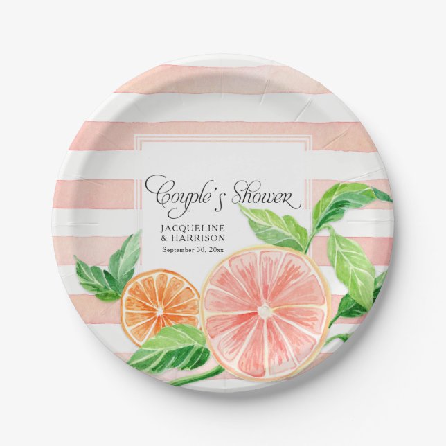 Couple's Shower Pink Striped Citrus Orange Art Paper Plate (Front)