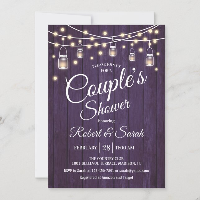 Couple's Shower - Purple Rustic Wood Invitation (Front)