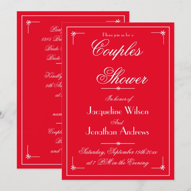 Couples Shower Romantic Red Custom Name Email RSVP Invitation (Front/Back)